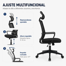 Silla de Escritorio Ergonómica, Silla de Oficina con Reposacabezas Ajustable, Soporte Lumbar, Respaldo de Malla Transpirable, Asiento Acolchado, Altura Regulable, Giro 360°, Función Basculante y Ruedas Silenciosas