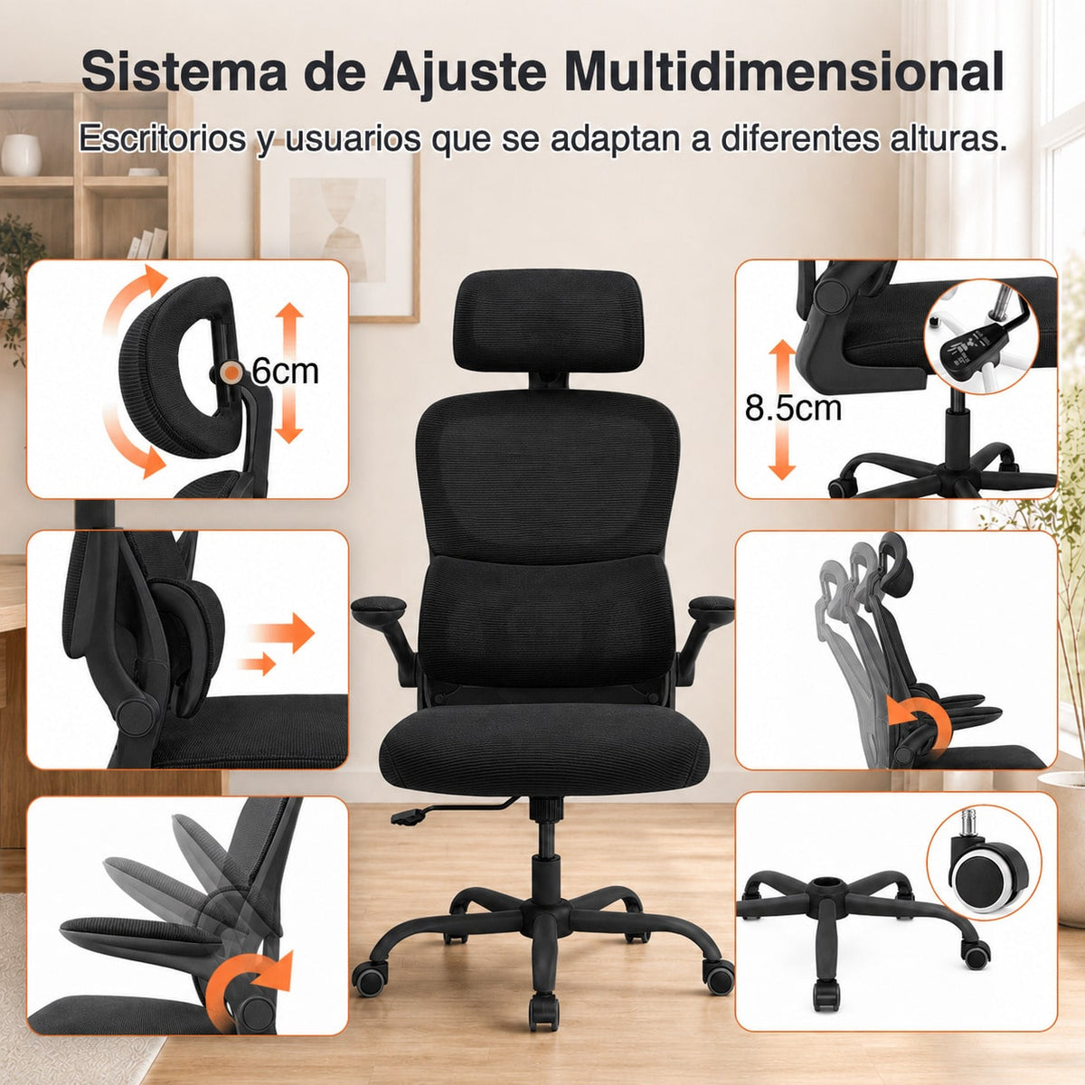 Silla de Escritorio Ergonómica de Malla Transpirable, Silla de Oficina Ajustable con Reposacabezas Regulable y Soporte Lumbar Dinámico, Reposabrazos Abatibles, Altura Ajustable, Respaldo Basculante, Silla Giratoria 360° con Ruedas