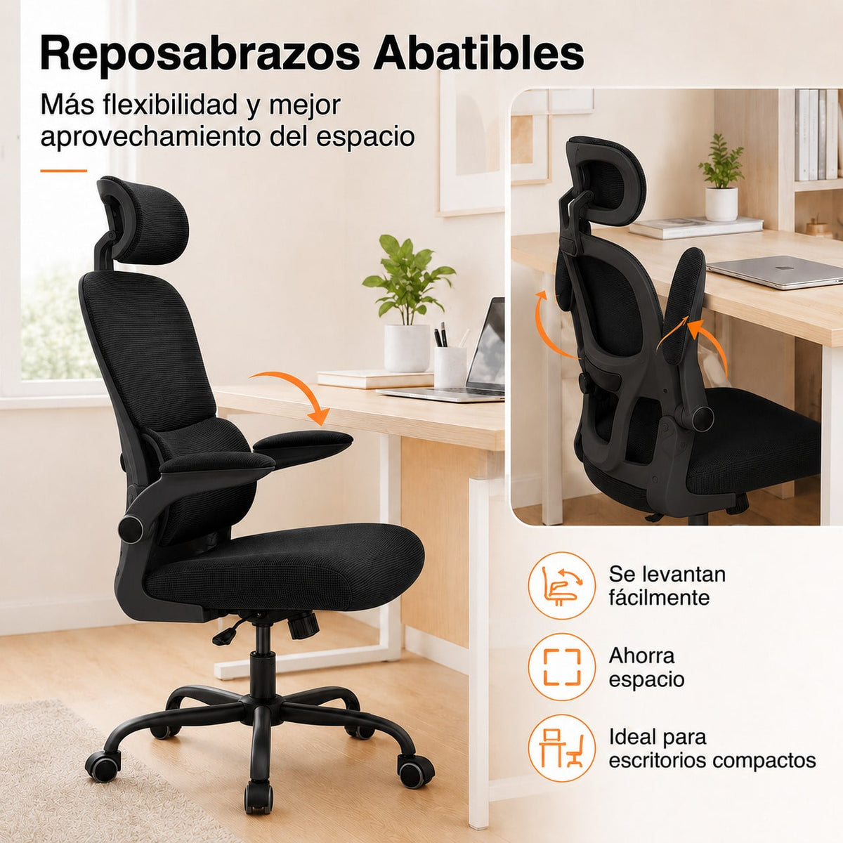 Silla de Escritorio Ergonómica de Malla Transpirable, Silla de Oficina Ajustable con Reposacabezas Regulable y Soporte Lumbar Dinámico, Reposabrazos Abatibles, Altura Ajustable, Respaldo Basculante, Silla Giratoria 360° con Ruedas