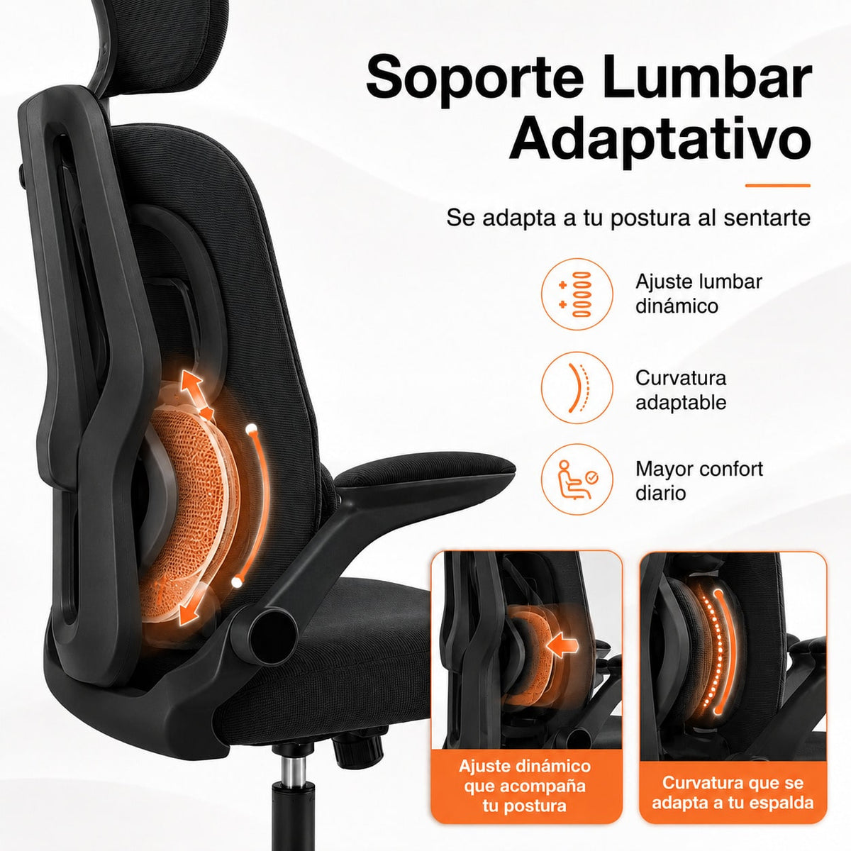 Silla de Escritorio Ergonómica de Malla Transpirable, Silla de Oficina Ajustable con Reposacabezas Regulable y Soporte Lumbar Dinámico, Reposabrazos Abatibles, Altura Ajustable, Respaldo Basculante, Silla Giratoria 360° con Ruedas