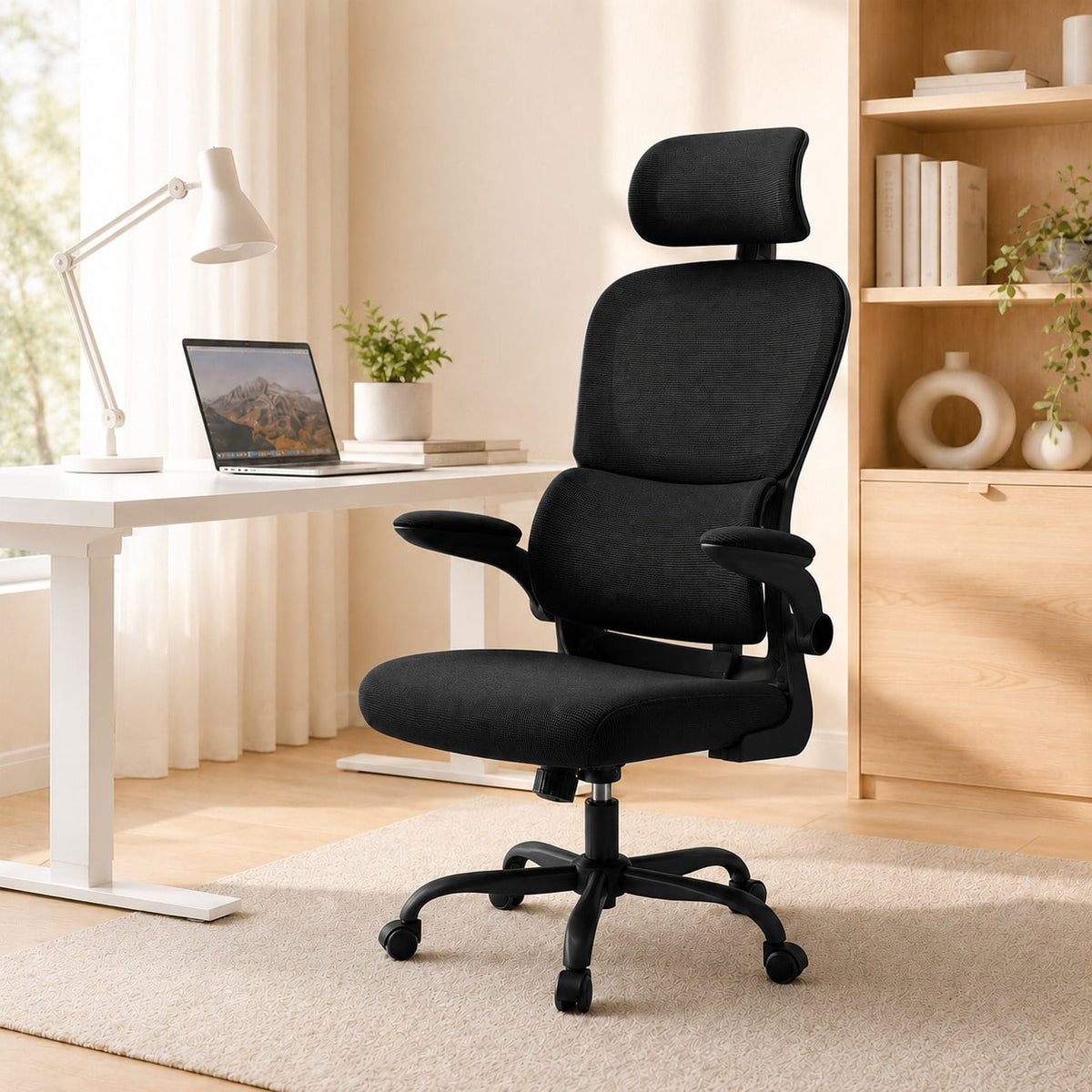 Silla de Escritorio Ergonómica de Malla Transpirable, Silla de Oficina Ajustable con Reposacabezas Regulable y Soporte Lumbar Dinámico, Reposabrazos Abatibles, Altura Ajustable, Respaldo Basculante, Silla Giratoria 360° con Ruedas