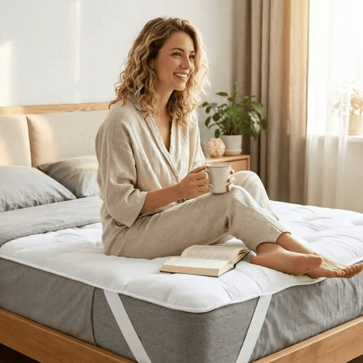 Sobrecolchón acolchado extra suave, topper de colchón grueso y voluminoso con relleno transpirable, bandas elásticas en las esquinas para un ajuste estable, mejora el confort del sueño, compatible con camas 90×200,105×200,135×200,150×200,180×200 cm