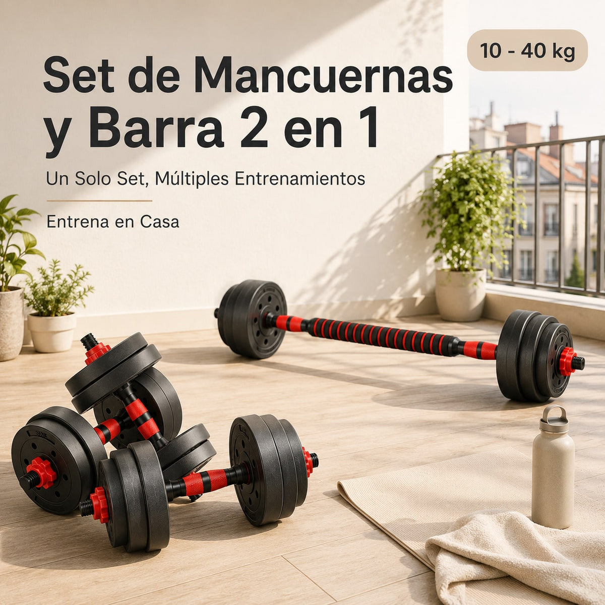 Mancuernas Ajustables 3 en 1 con Barra 10/15/20/30/40 kg, Juego de Pesas con Barra de Conexión y Discos Octogonales Ajustables, Mancuernas y Barra Desmontables para Musculación, Fuerza, Fitness y Entrenamiento de Cuerpo Completo en Casa
