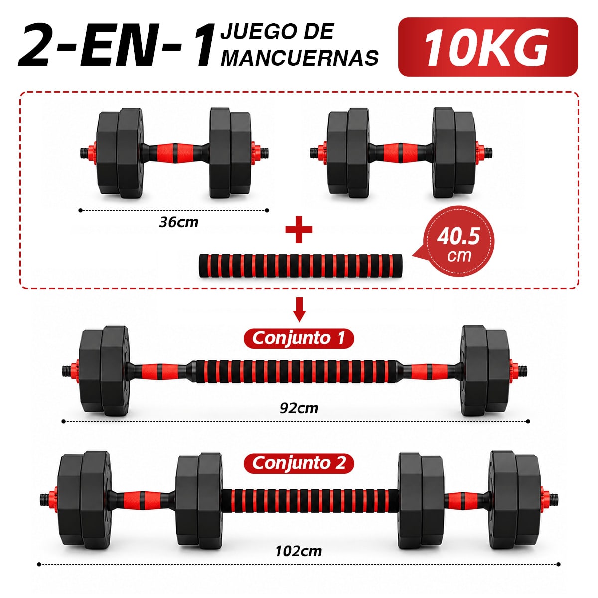 Mancuernas Ajustables 3 en 1 con Barra 10/15/20/30/40 kg, Juego de Pesas con Barra de Conexión y Discos Octogonales Ajustables, Mancuernas y Barra Desmontables para Musculación, Fuerza, Fitness y Entrenamiento de Cuerpo Completo en Casa