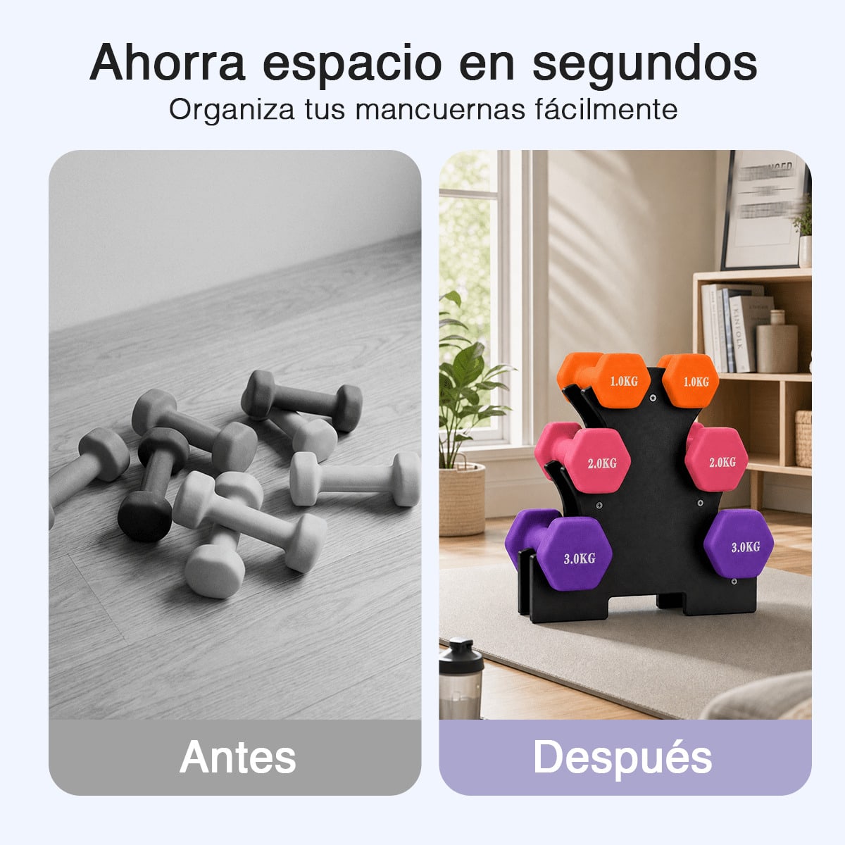 Mancuernas Pequeñas 1 kg 2 kg 3 kg para Mujer y Hombre, Set de 6 Piezas 2 x 1 kg + 2 x 2 kg + 2 x 3 kg con Soporte, Pesas Hexagonales de Mano con Agarre Cómodo, Juego de Pesas Ligeras para Fitness,, Yoga, Pilates, Aeróbic