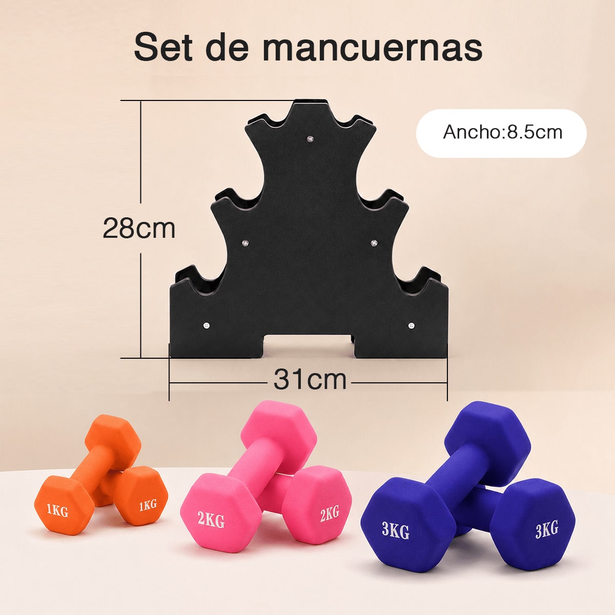 Mancuernas Pequeñas 1 kg 2 kg 3 kg para Mujer y Hombre, Set de 6 Piezas 2 x 1 kg + 2 x 2 kg + 2 x 3 kg con Soporte, Pesas Hexagonales de Mano con Agarre Cómodo, Juego de Pesas Ligeras para Fitness,, Yoga, Pilates, Aeróbic