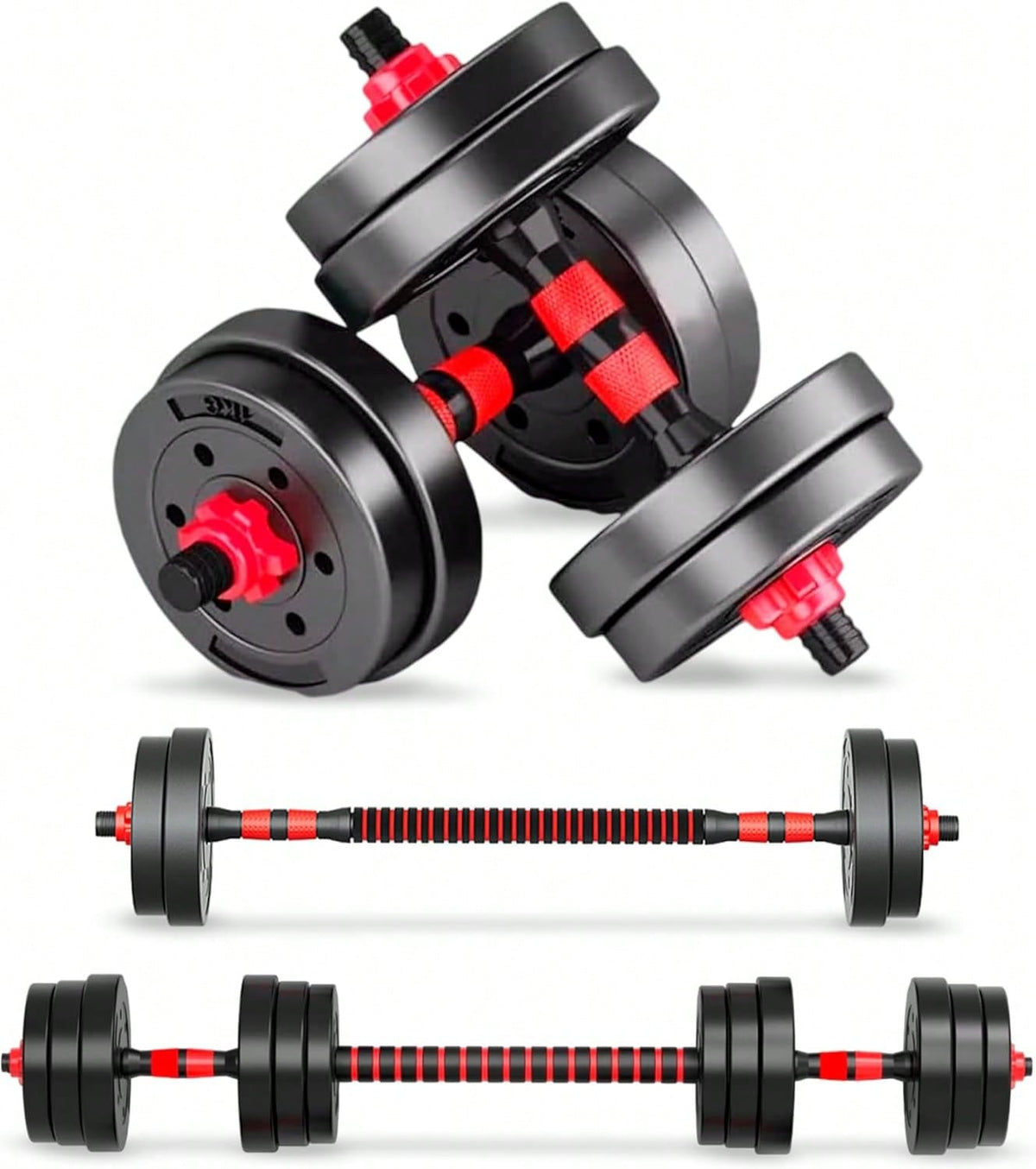 Mancuernas Ajustables 3 en 1 con Barra 10/15/20/30/40 kg, Juego de Pesas con Barra de Conexión y Discos Octogonales Ajustables, Mancuernas y Barra Desmontables para Musculación, Fuerza, Fitness y Entrenamiento de Cuerpo Completo en Casa
