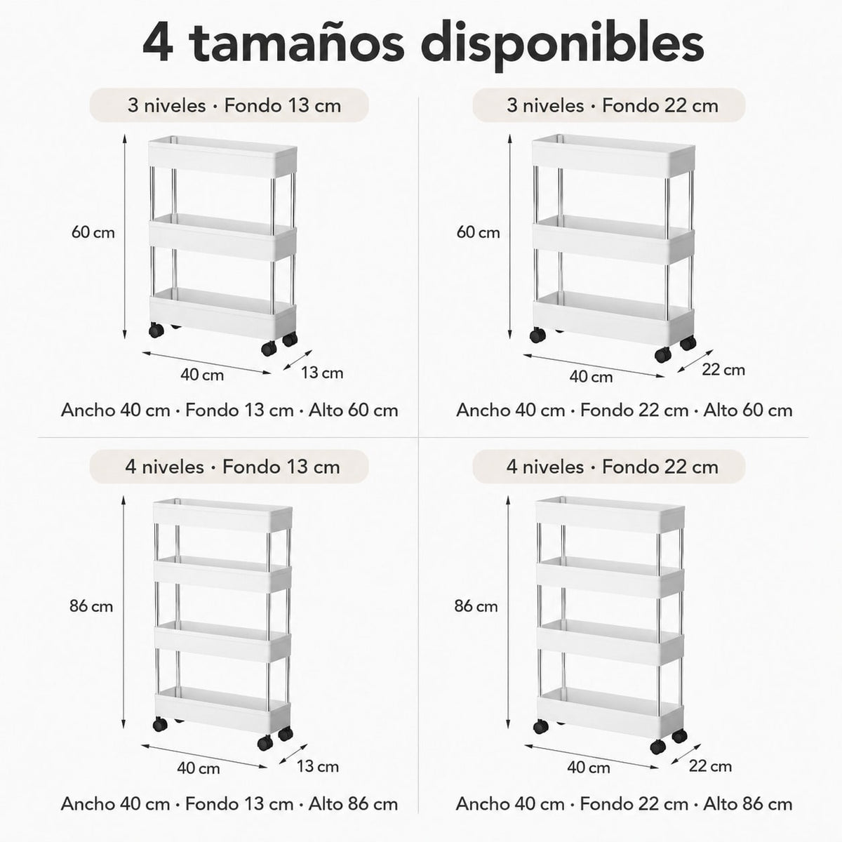 Carrito Organizador Estrecho con Ruedas, 3/4 Niveles, 13/22 cm de Profundidad con 4 Ganchos, Carrito Auxiliar Estrecho y Estantería de Almacenamiento Ahorra Espacio para Cocina, Baño, Lavandería, Despensa, Dormitorio, Oficina y Rincones Estrechos