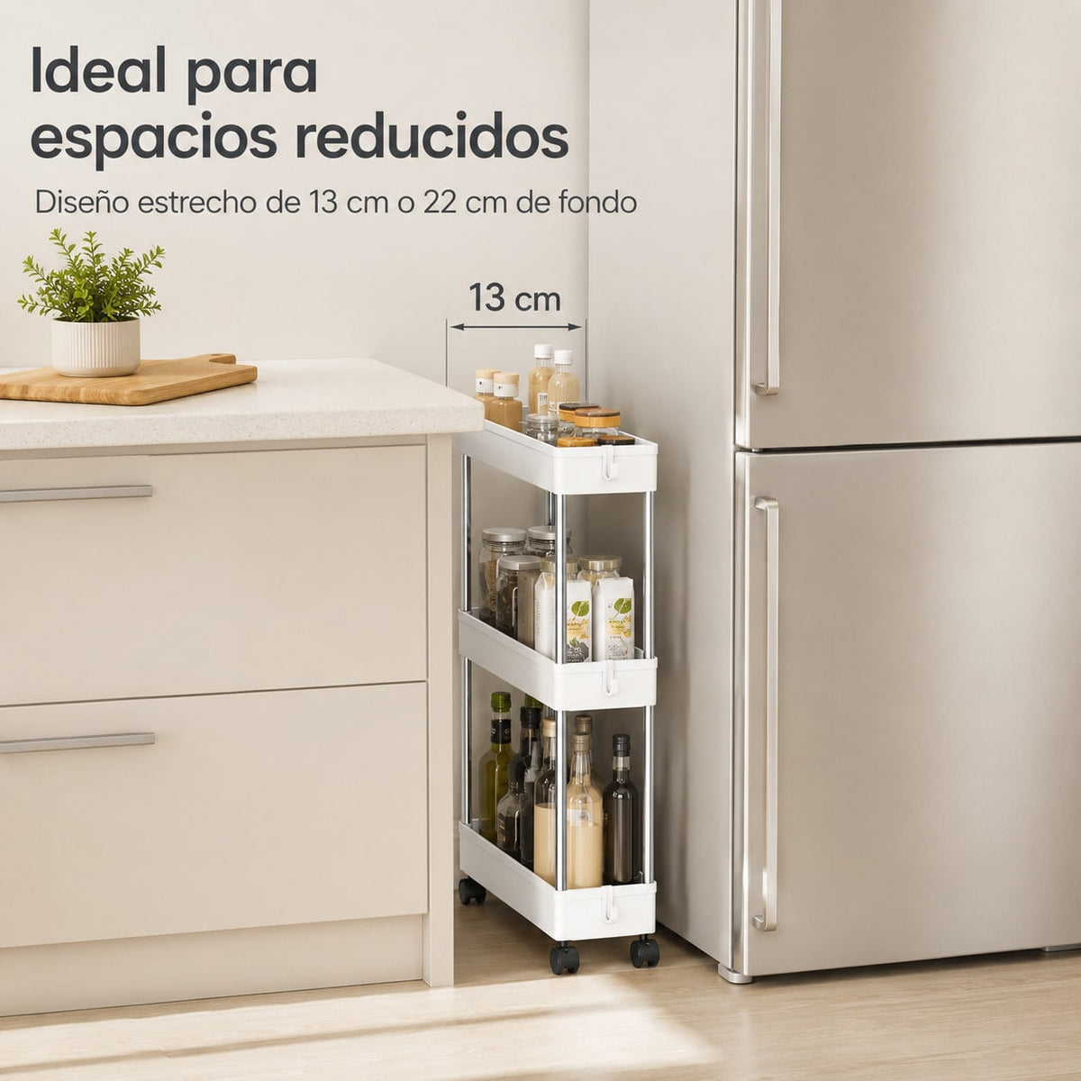 Carrito Organizador Estrecho con Ruedas, 3/4 Niveles, 13/22 cm de Profundidad con 4 Ganchos, Carrito Auxiliar Estrecho y Estantería de Almacenamiento Ahorra Espacio para Cocina, Baño, Lavandería, Despensa, Dormitorio, Oficina y Rincones Estrechos