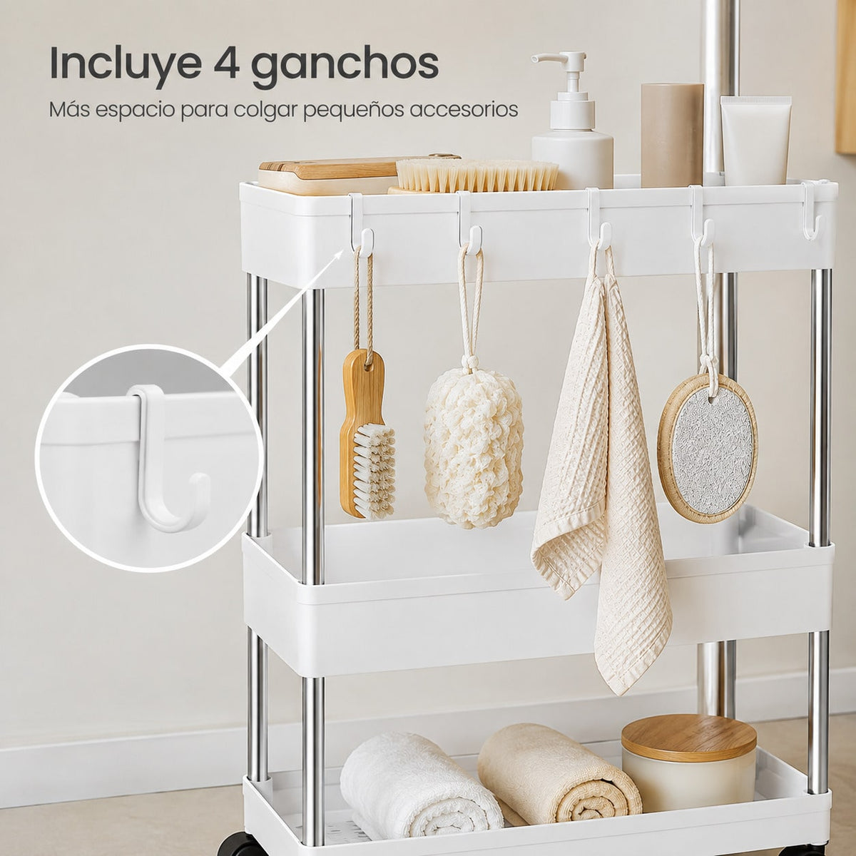 Carrito Organizador Estrecho con Ruedas, 3/4 Niveles, 13/22 cm de Profundidad con 4 Ganchos, Carrito Auxiliar Estrecho y Estantería de Almacenamiento Ahorra Espacio para Cocina, Baño, Lavandería, Despensa, Dormitorio, Oficina y Rincones Estrechos