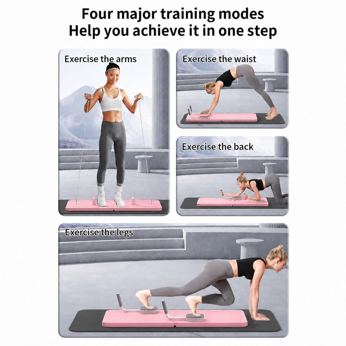 Tabla de Pilates Plegable 4 en 1 Multifuncional, con Rebote Automático, Entrenador Abdominal con Rodillo, Bandas de Resistencia y Asas para Flexiones, Entrenamiento de Core, Brazos, Piernas y Cuerpo Completo en Casa, 106 × 41 cm