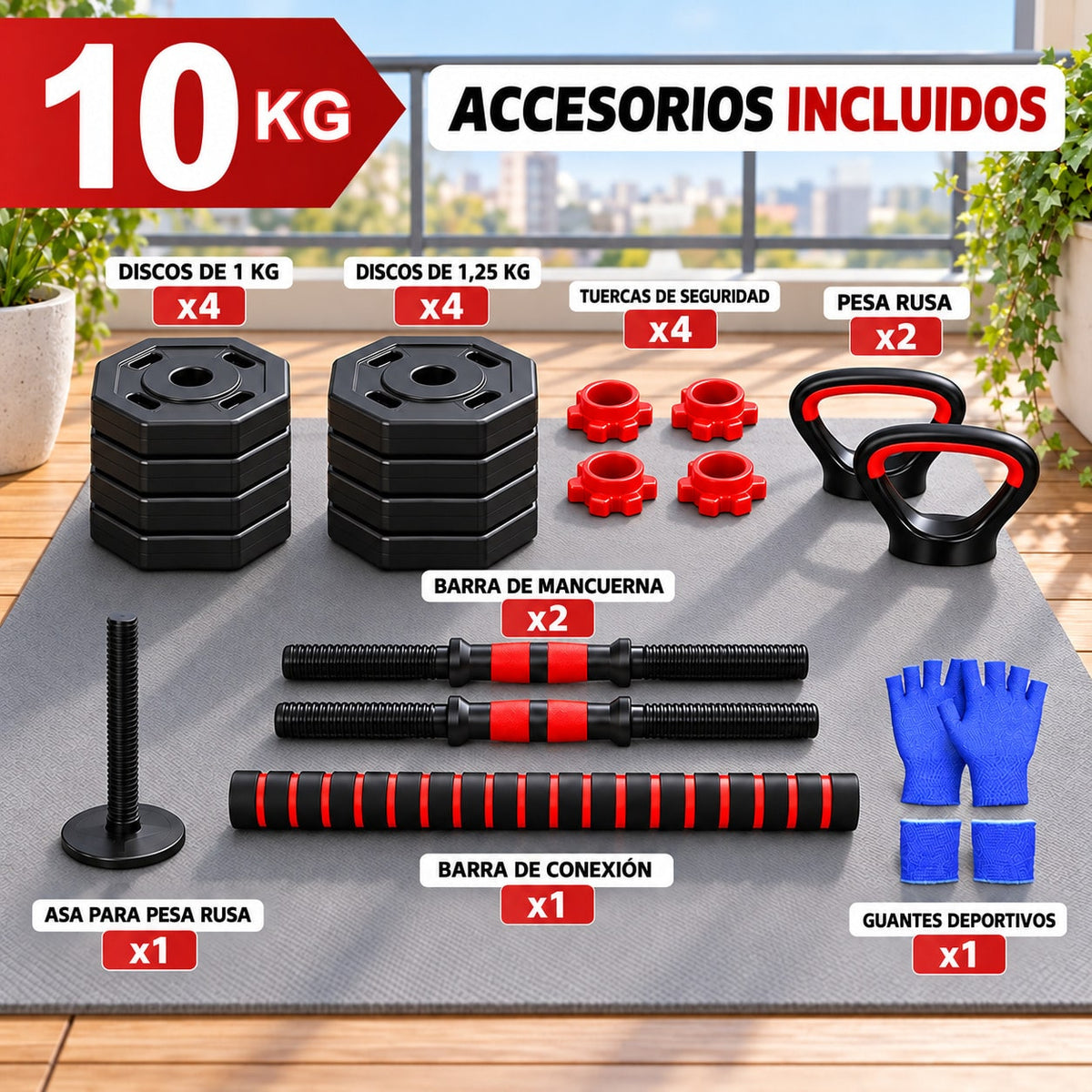 Mancuernas Ajustables 4 en 1 10/20/30/40 kg con Kettlebell y Barra de Conexión, Juego de APesas con Discos Octogonales Ajustables, Set de Musculación con Soporte para Flexiones, Equipo Fitness para Entrenamiento de Fuerza en Casa