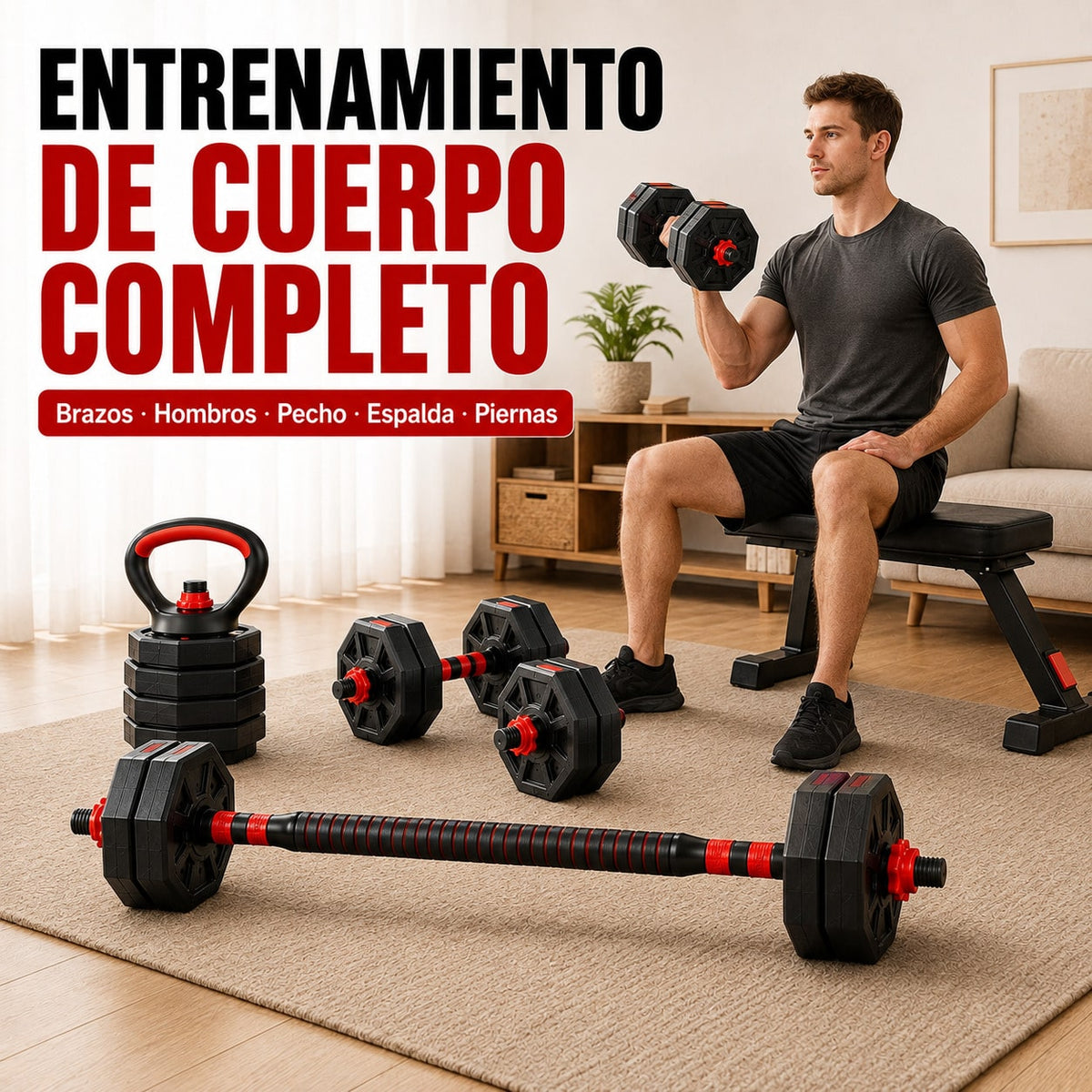 Mancuernas Ajustables 4 en 1 10/20/30/40 kg con Kettlebell y Barra de Conexión, Juego de APesas con Discos Octogonales Ajustables, Set de Musculación con Soporte para Flexiones, Equipo Fitness para Entrenamiento de Fuerza en Casa