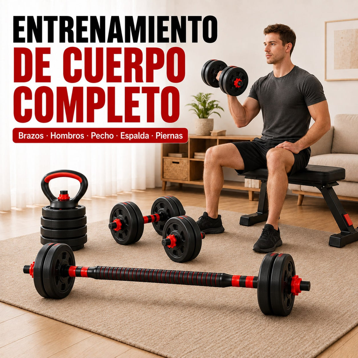 Set de Mancuernas Ajustables 3 en 1 10/15/20/30/40 kg, Mancuernas Redondas con Pesa Rusa y Barra de Conexión, Juego de Pesas para Musculación y Entrenamiento de Fuerza, Fitness y Gimnasio en Casa para Brazos, Hombros