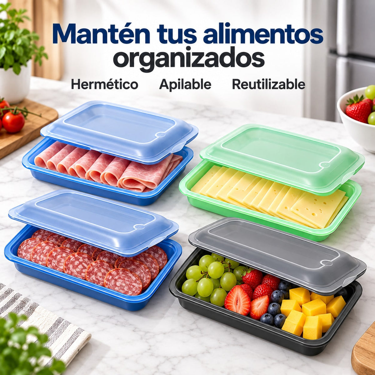 Set de 4/8 Porta Embutidos Herméticos, Tupper para Fiambre con Tapa Transparente, Fiambreras Apilables para Nevera, Cajas de Almacenamiento de Alimentos para Jamón, Queso, Chorizo, Salchichas y Carne Cortada