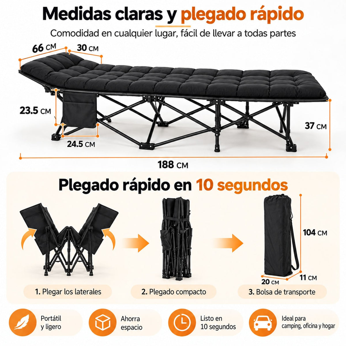 Cama de Camping Plegable para Adultos, Cama Plegable Portátil con Bolsa de Transporte, Cama Auxiliar de Viaje para Camping, Playa, Jardín, Oficina y Hogar, Cama Exterior Multifuncional para Descanso Interior y Exterior