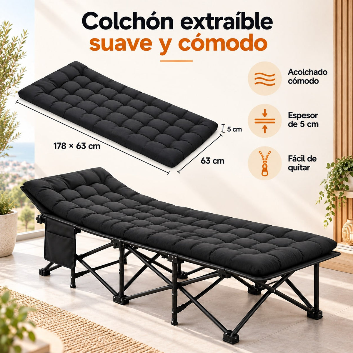 Cama de Camping Plegable para Adultos, Cama Plegable Portátil con Bolsa de Transporte, Cama Auxiliar de Viaje para Camping, Playa, Jardín, Oficina y Hogar, Cama Exterior Multifuncional para Descanso Interior y Exterior