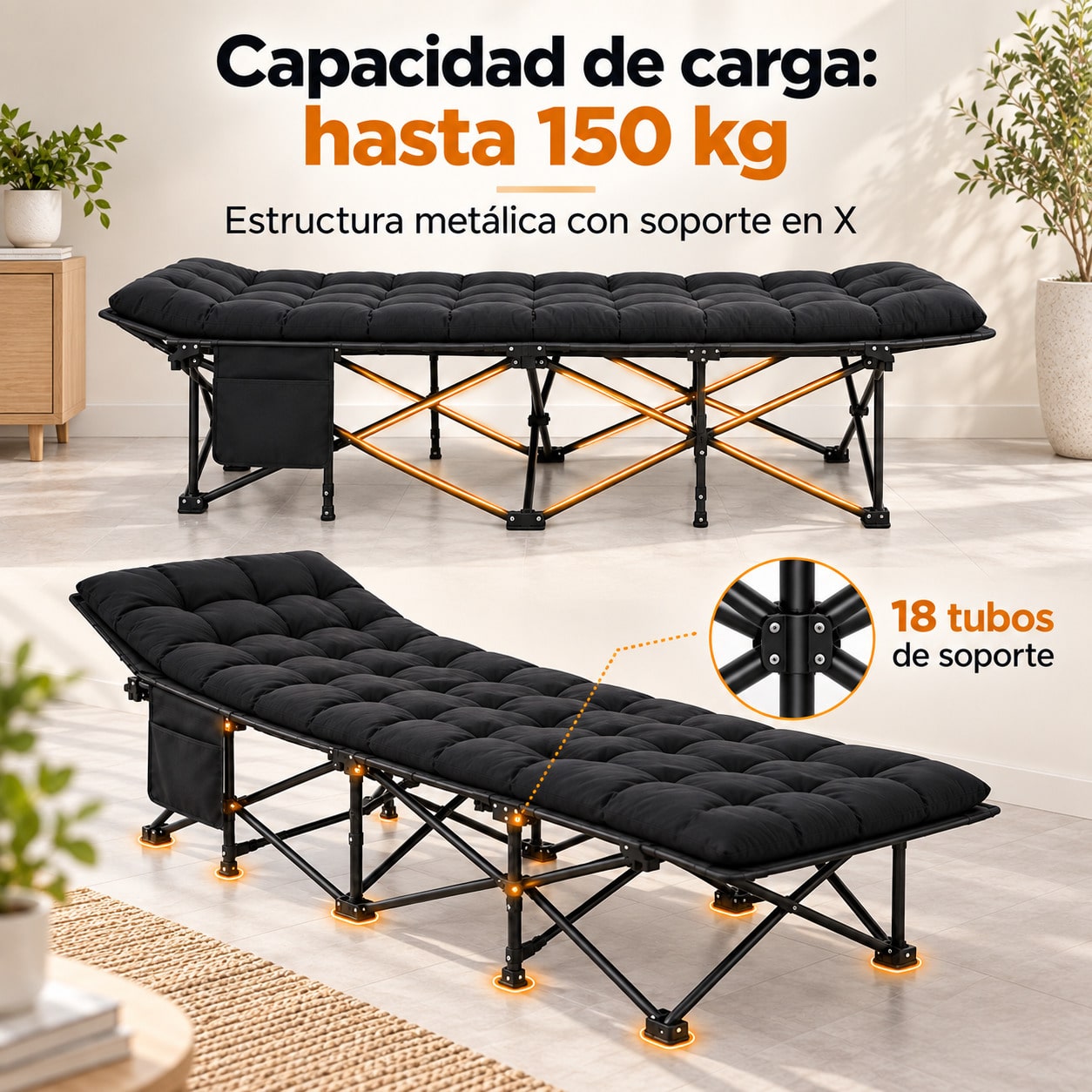 Cama de Camping Plegable para Adultos, Cama Plegable Portátil con Bolsa de Transporte, Cama Auxiliar de Viaje para Camping, Playa, Jardín, Oficina y Hogar, Cama Exterior Multifuncional para Descanso Interior y Exterior