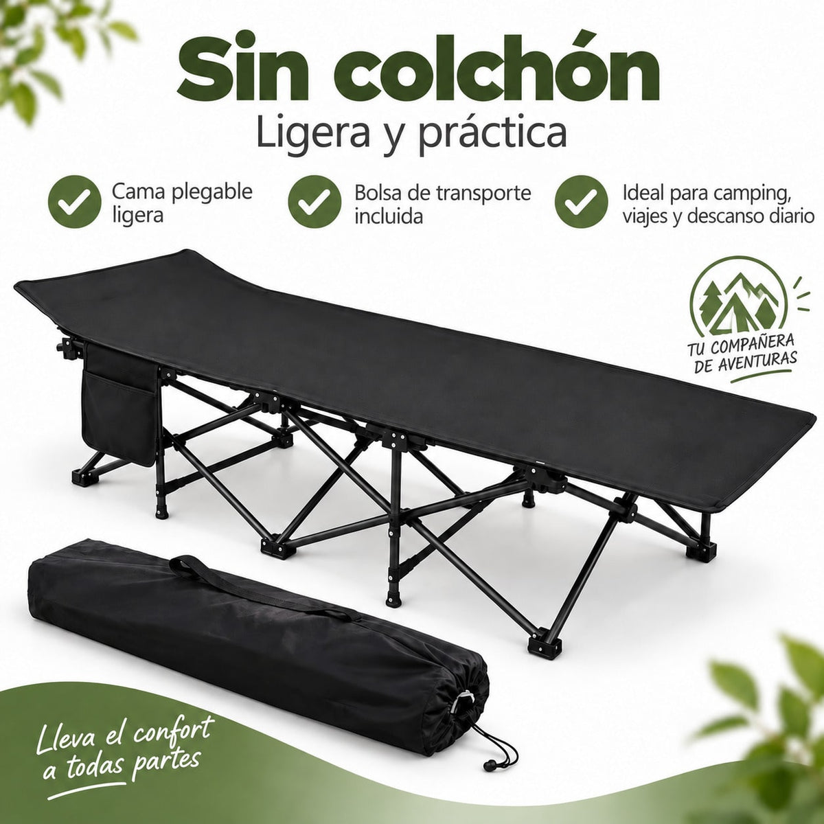 Cama de Camping Plegable para Adultos, Cama Plegable Portátil con Bolsa de Transporte, Cama Auxiliar de Viaje para Camping, Playa, Jardín, Oficina y Hogar, Cama Exterior Multifuncional para Descanso Interior y Exterior