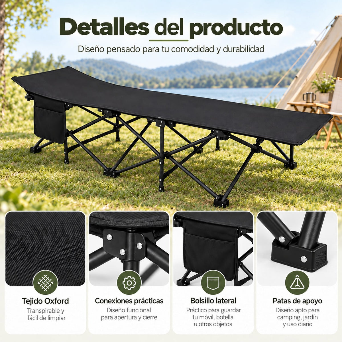Cama de Camping Plegable para Adultos, Cama Plegable Portátil con Bolsa de Transporte, Cama Auxiliar de Viaje para Camping, Playa, Jardín, Oficina y Hogar, Cama Exterior Multifuncional para Descanso Interior y Exterior