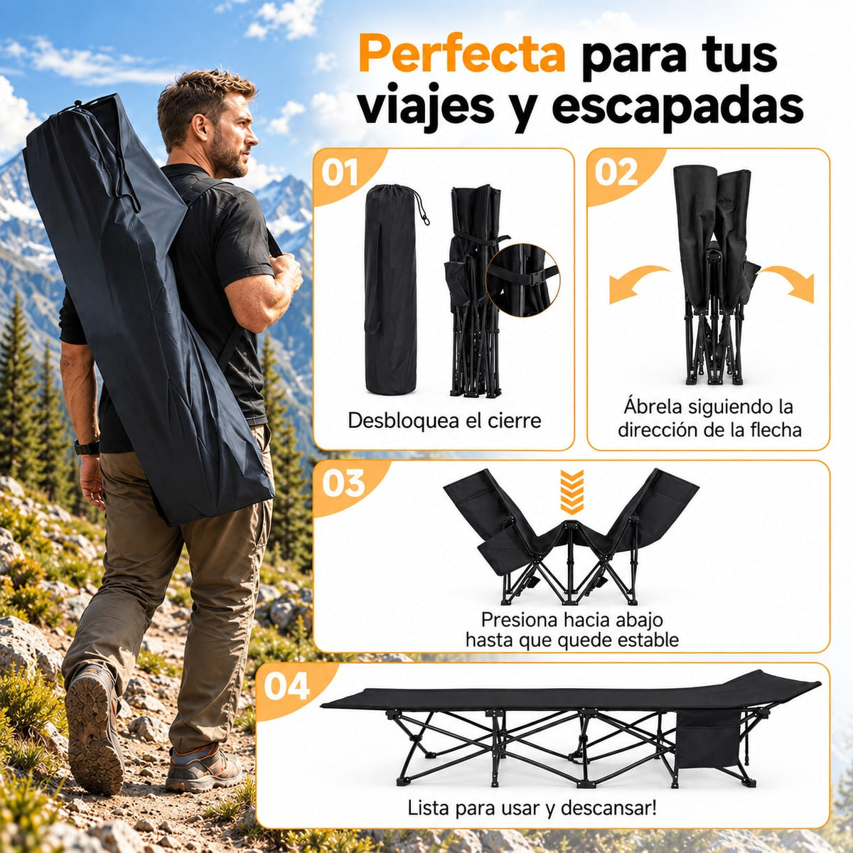 Cama de Camping Plegable para Adultos, Cama Plegable Portátil con Bolsa de Transporte, Cama Auxiliar de Viaje para Camping, Playa, Jardín, Oficina y Hogar, Cama Exterior Multifuncional para Descanso Interior y Exterior