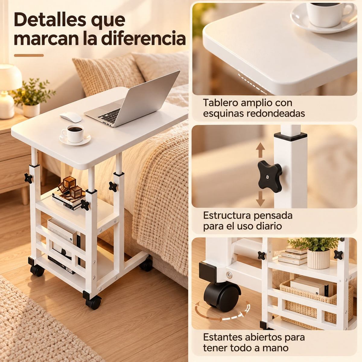 Mesa Auxiliar Pequeña de 3 Niveles en C con Altura Ajustable y Ruedas, Mesa Auxiliar con Estantería de Almacenamiento, 2 Estantes de Almacenamiento, Mesa para Sofá y Cama, Escritorio Móvil para Ordenador Portátil, Mesita de Noche, Mesas Auxiliares Salón