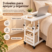 Mesa Auxiliar Pequeña de 3 Niveles en C con Altura Ajustable y Ruedas, Mesa Auxiliar con Estantería de Almacenamiento, 2 Estantes de Almacenamiento, Mesa para Sofá y Cama, Escritorio Móvil para Ordenador Portátil, Mesita de Noche, Mesas Auxiliares Salón