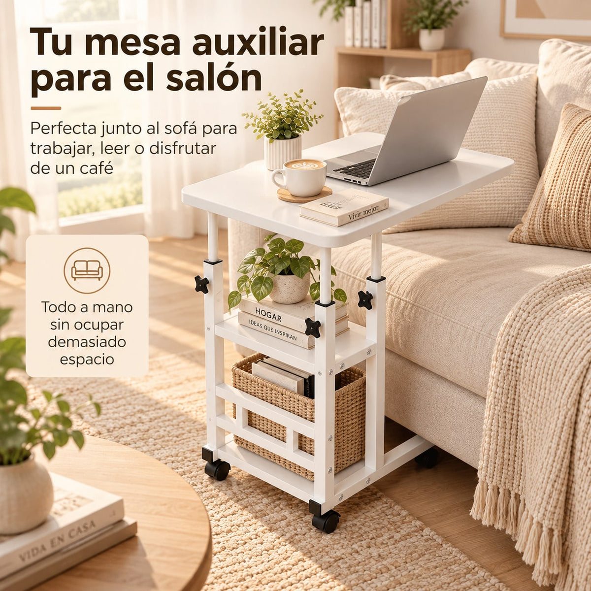 Mesa Auxiliar Pequeña de 3 Niveles en C con Altura Ajustable y Ruedas, Mesa Auxiliar con Estantería de Almacenamiento, 2 Estantes de Almacenamiento, Mesa para Sofá y Cama, Escritorio Móvil para Ordenador Portátil, Mesita de Noche, Mesas Auxiliares Salón