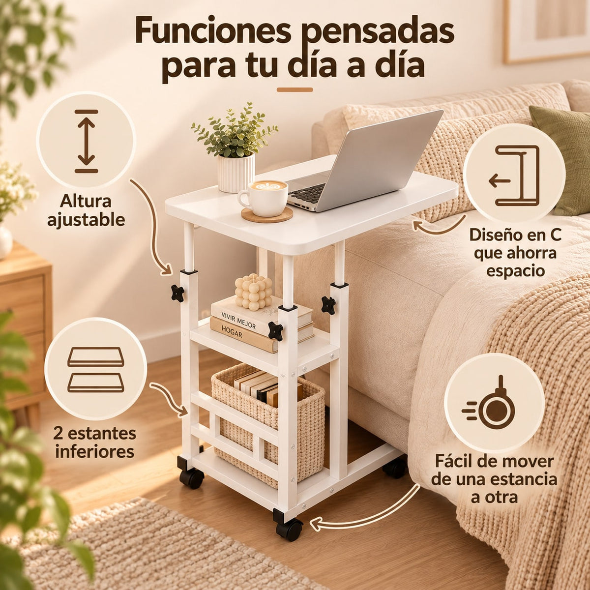 Mesa Auxiliar Pequeña de 3 Niveles en C con Altura Ajustable y Ruedas, Mesa Auxiliar con Estantería de Almacenamiento, 2 Estantes de Almacenamiento, Mesa para Sofá y Cama, Escritorio Móvil para Ordenador Portátil, Mesita de Noche, Mesas Auxiliares Salón
