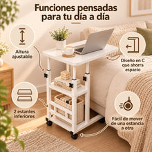 Mesa Auxiliar Pequeña de 3 Niveles en C con Altura Ajustable y Ruedas, Mesa Auxiliar con Estantería de Almacenamiento, 2 Estantes de Almacenamiento, Mesa para Sofá y Cama, Escritorio Móvil para Ordenador Portátil, Mesita de Noche, Mesas Auxiliares Salón