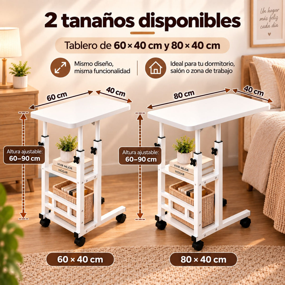Mesa Auxiliar Pequeña de 3 Niveles en C con Altura Ajustable y Ruedas, Mesa Auxiliar con Estantería de Almacenamiento, 2 Estantes de Almacenamiento, Mesa para Sofá y Cama, Escritorio Móvil para Ordenador Portátil, Mesita de Noche, Mesas Auxiliares Salón