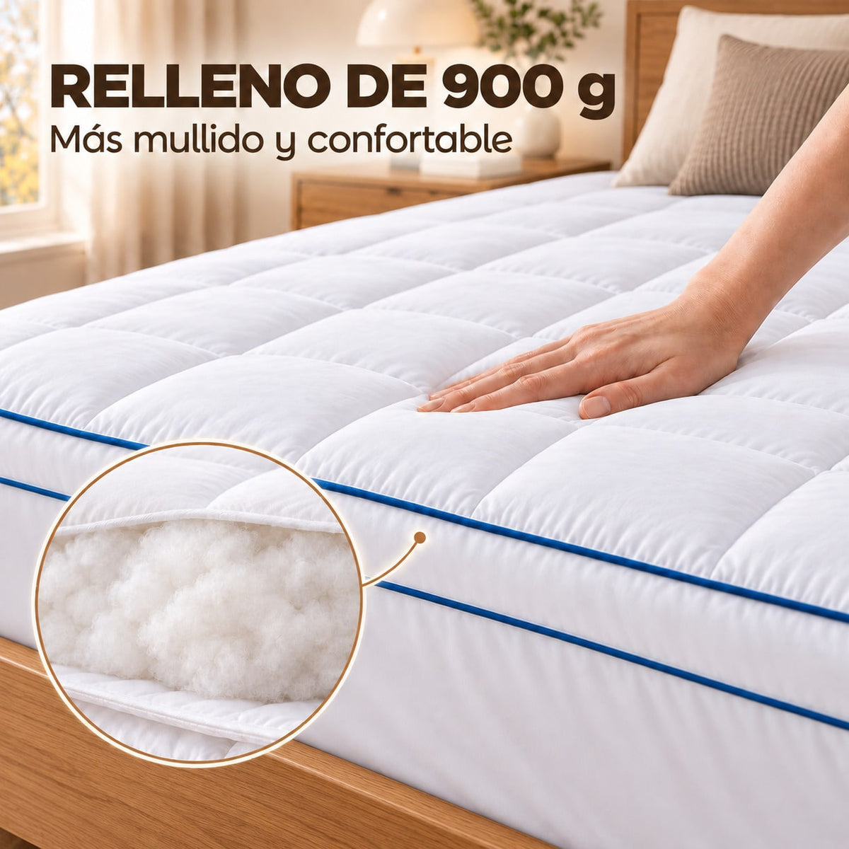 Protector de Colchón Acolchado y Engrosado, Topper para Colchón y Sobrecolchón 900 g, Cubrecolchón con Relleno Efecto Plumón, Transpirable, Mullido y Suave, Bolsillo Profundo y Borde Elástico 360°, para Colchones de 10–40 cm