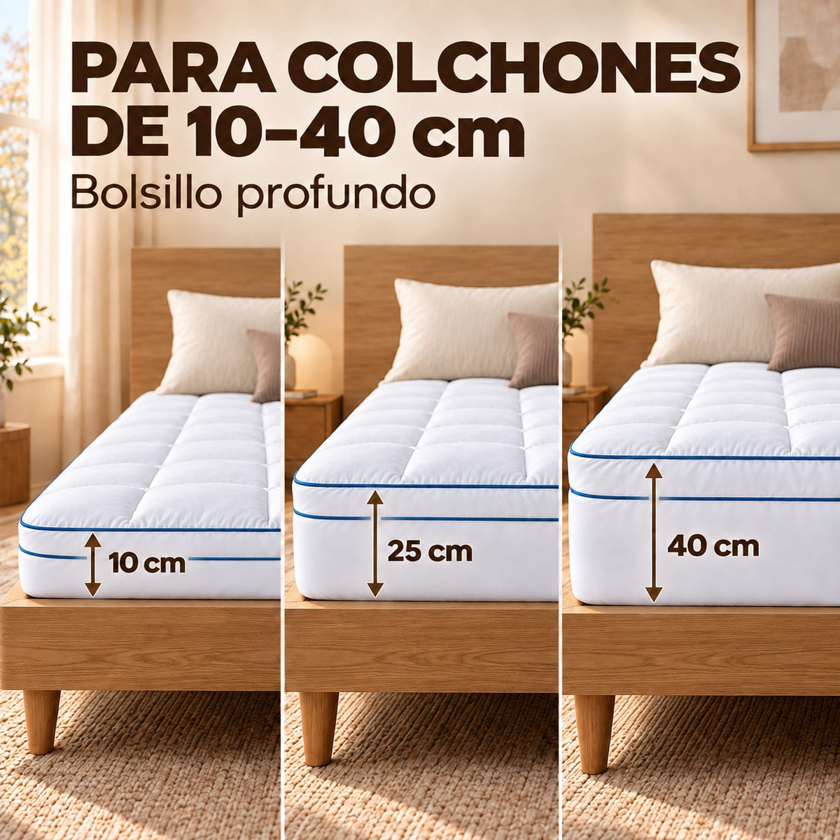 Protector de Colchón Acolchado y Engrosado, Topper para Colchón y Sobrecolchón 900 g, Cubrecolchón con Relleno Efecto Plumón, Transpirable, Mullido y Suave, Bolsillo Profundo y Borde Elástico 360°, para Colchones de 10–40 cm
