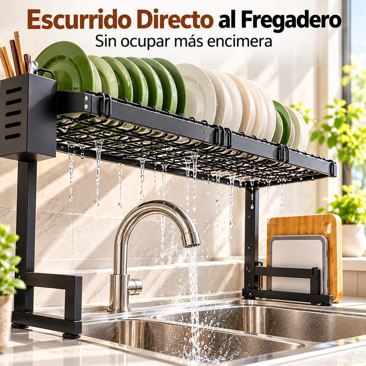 Escurridor de Platos Sobre el Fregadero de 85 cm, Escurreplatos Negro de Gran Capacidad, Organizador de Cocina Multifuncional, Estante Metálico para Vajilla con Soporte para Platos, Cuencos, Cubiertos, Cuchillos y Tablas de Cortar