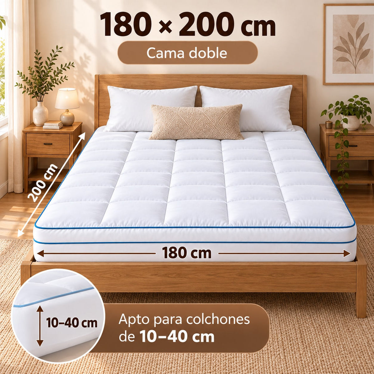 Protector de Colchón Acolchado y Engrosado, Topper para Colchón y Sobrecolchón 900 g, Cubrecolchón con Relleno Efecto Plumón, Transpirable, Mullido y Suave, Bolsillo Profundo y Borde Elástico 360°, para Colchones de 10–40 cm