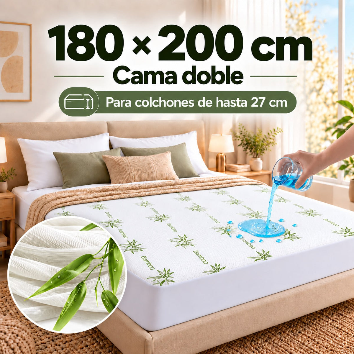 Protector de Colchón Impermeable de Fibra de Bambú, Transpirable y Suave, Sábana Bajera Ajustable 360°, Funda de Colchón para Cama 90/105/135/150/180x200 cm, Cubrecolchón Silencioso para Colchones de hasta 27 cm, Sábanas de Cama