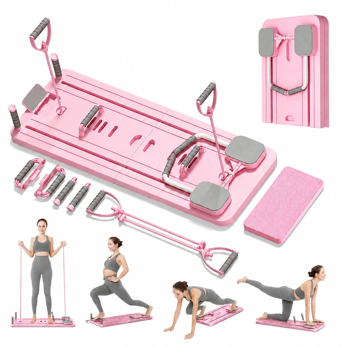 Tabla de Pilates Plegable 4 en 1 Multifuncional, con Rebote Automático, Entrenador Abdominal con Rodillo, Bandas de Resistencia y Asas para Flexiones, Entrenamiento de Core, Brazos, Piernas y Cuerpo Completo en Casa, 106 × 41 cm