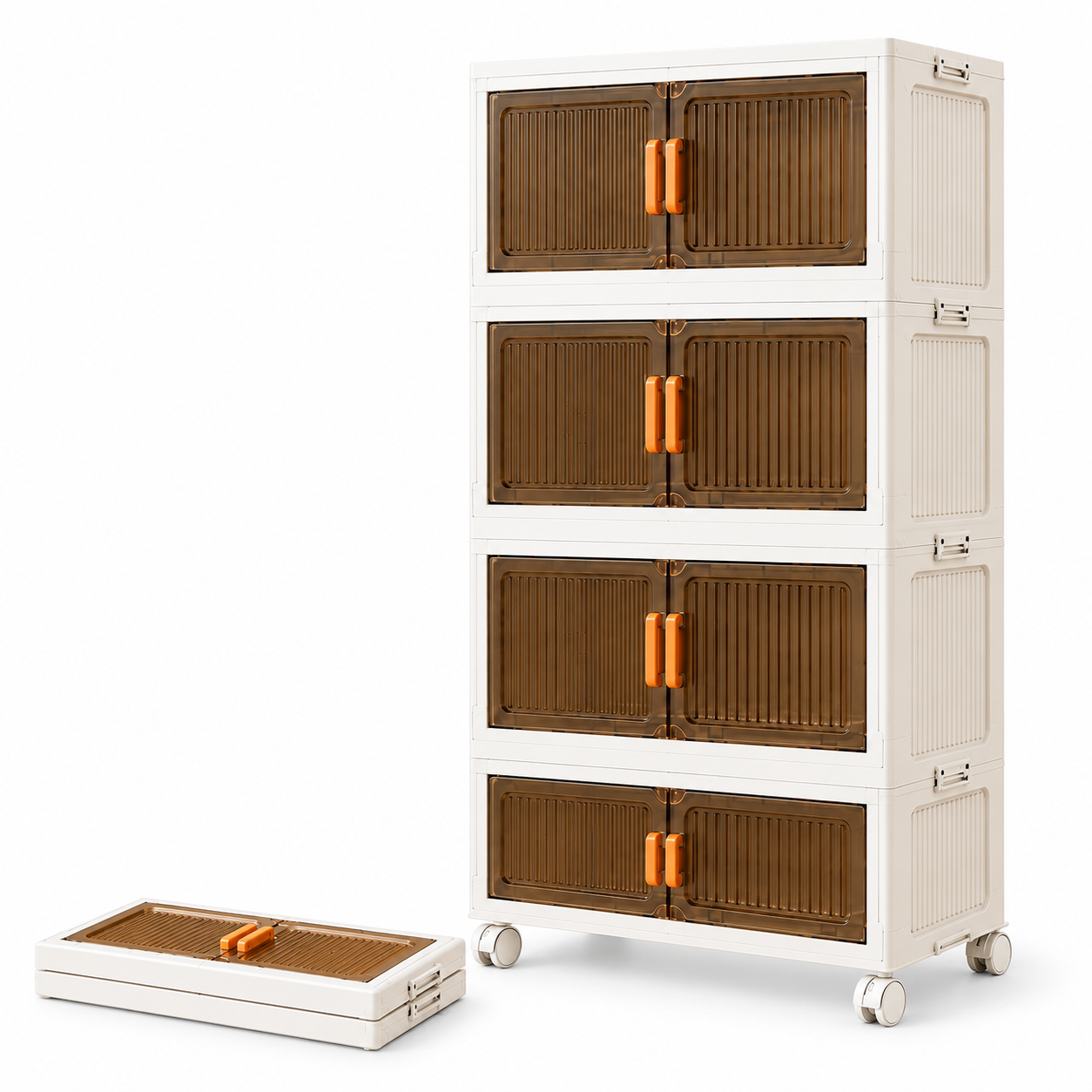 Armario de Almacenamiento de 3/4 Niveles, Armario Plegable y Apilable, Mueble Organizador Multiusos, Caja de Almacenamiento Modular con Puertas Magnéticas Semitransparentes y Ruedas Giratorias de 360°