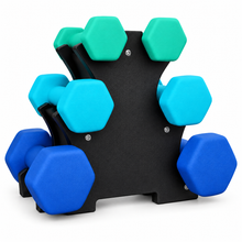 Mancuernas Pequeñas 1 kg 2 kg 3 kg para Mujer y Hombre, Set de 6 Piezas 2 x 1 kg + 2 x 2 kg + 2 x 3 kg con Soporte, Pesas Hexagonales de Mano con Agarre Cómodo, Juego de Pesas Ligeras para Fitness,, Yoga, Pilates, Aeróbic