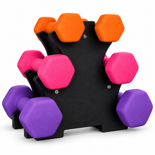 Mancuernas Pequeñas 1 kg 2 kg 3 kg para Mujer y Hombre, Set de 6 Piezas 2 x 1 kg + 2 x 2 kg + 2 x 3 kg con Soporte, Pesas Hexagonales de Mano con Agarre Cómodo, Juego de Pesas Ligeras para Fitness,, Yoga, Pilates, Aeróbic