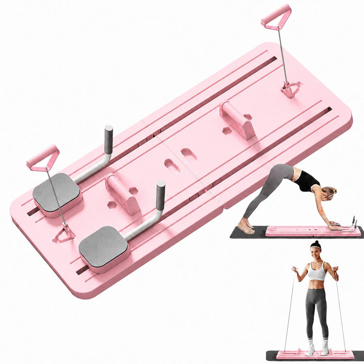 Tabla de Pilates Plegable 4 en 1 Multifuncional, con Rebote Automático, Entrenador Abdominal con Rodillo, Bandas de Resistencia y Asas para Flexiones, Entrenamiento de Core, Brazos, Piernas y Cuerpo Completo en Casa, 106 × 41 cm