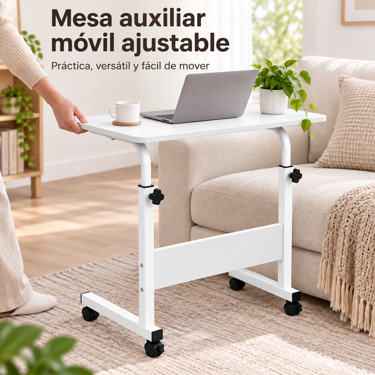 Mesa Auxiliar con Ruedas Ajustable en Altura, Mesa Auxiliar Pequeña en Forma de C, Escritorio Móvil para Portátil y Ordenador, Mesa para Cama y Sofá, Mesas Auxiliares Salón, Mesa Lateral, Mesa de Noche, Muebles Habitación, Soporte para Portátil