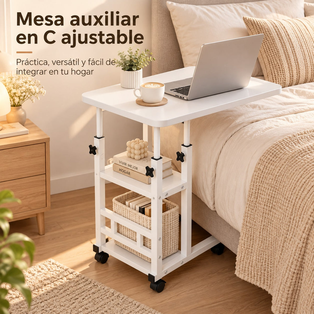 Mesa Auxiliar Pequeña de 3 Niveles en C con Altura Ajustable y Ruedas, Mesa Auxiliar con Estantería de Almacenamiento, 2 Estantes de Almacenamiento, Mesa para Sofá y Cama, Escritorio Móvil para Ordenador Portátil, Mesita de Noche, Mesas Auxiliares Salón