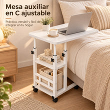 Mesa Auxiliar Pequeña de 3 Niveles en C con Altura Ajustable y Ruedas, Mesa Auxiliar con Estantería de Almacenamiento, 2 Estantes de Almacenamiento, Mesa para Sofá y Cama, Escritorio Móvil para Ordenador Portátil, Mesita de Noche, Mesas Auxiliares Salón