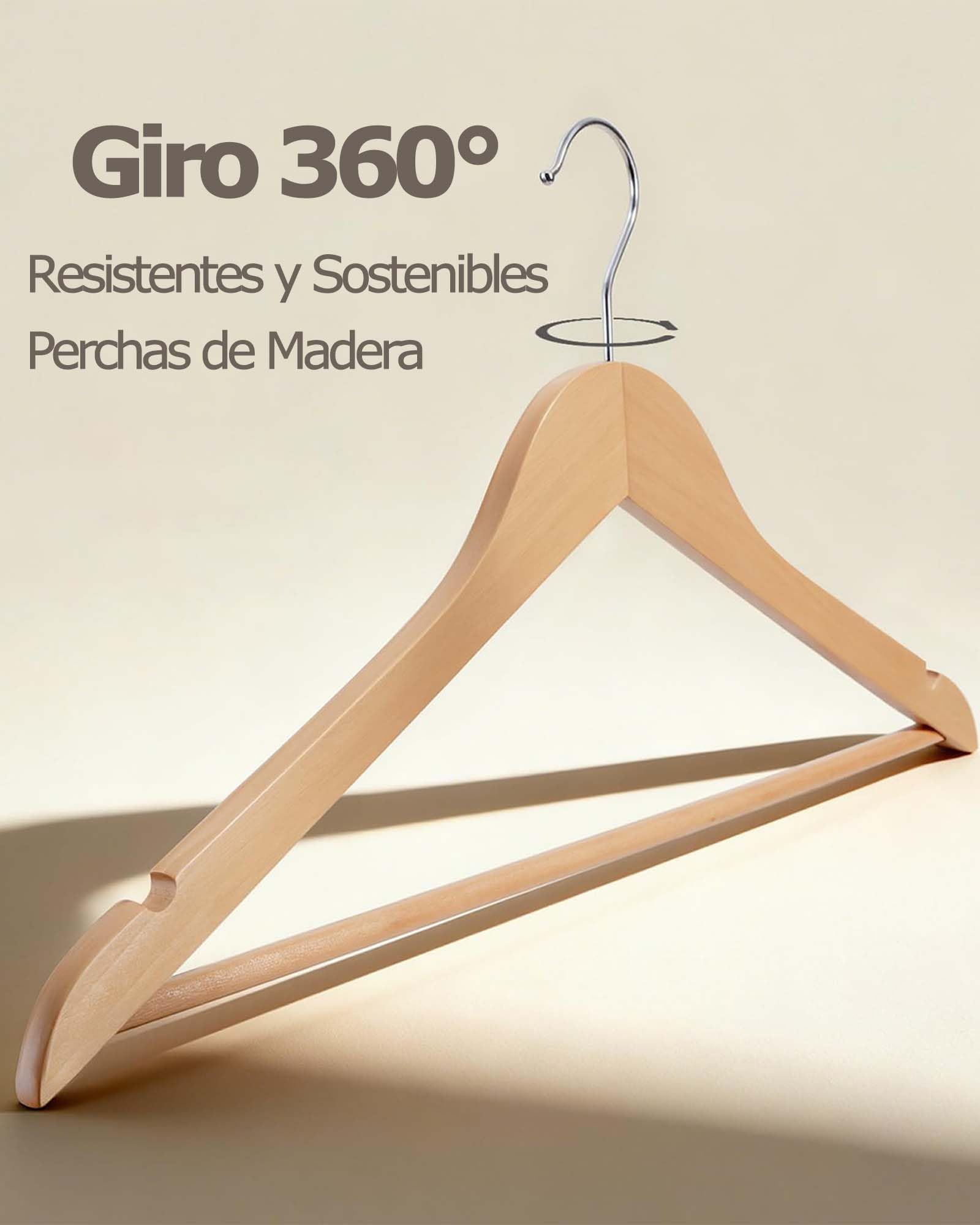 Pack 20 Perchas Blancas Madera, Muescas Antideslizantes y Gancho Giratorio