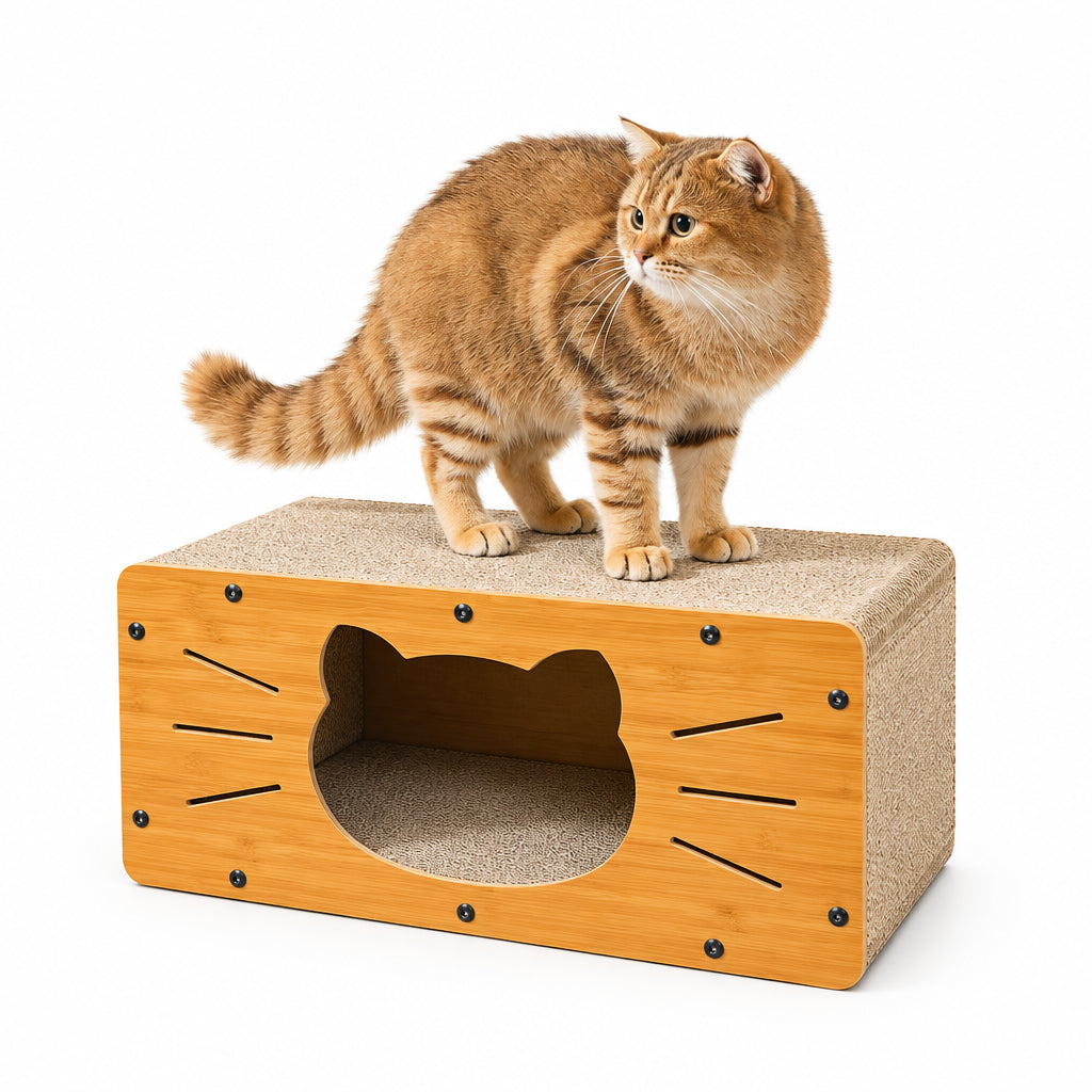 Rascador para Gatos de Cartón, Casa para Gatos Cartón Grande Doble Capa, Resistente y Multifuncional para Rascar, Descansar y Esconderse, Protege los Muebles