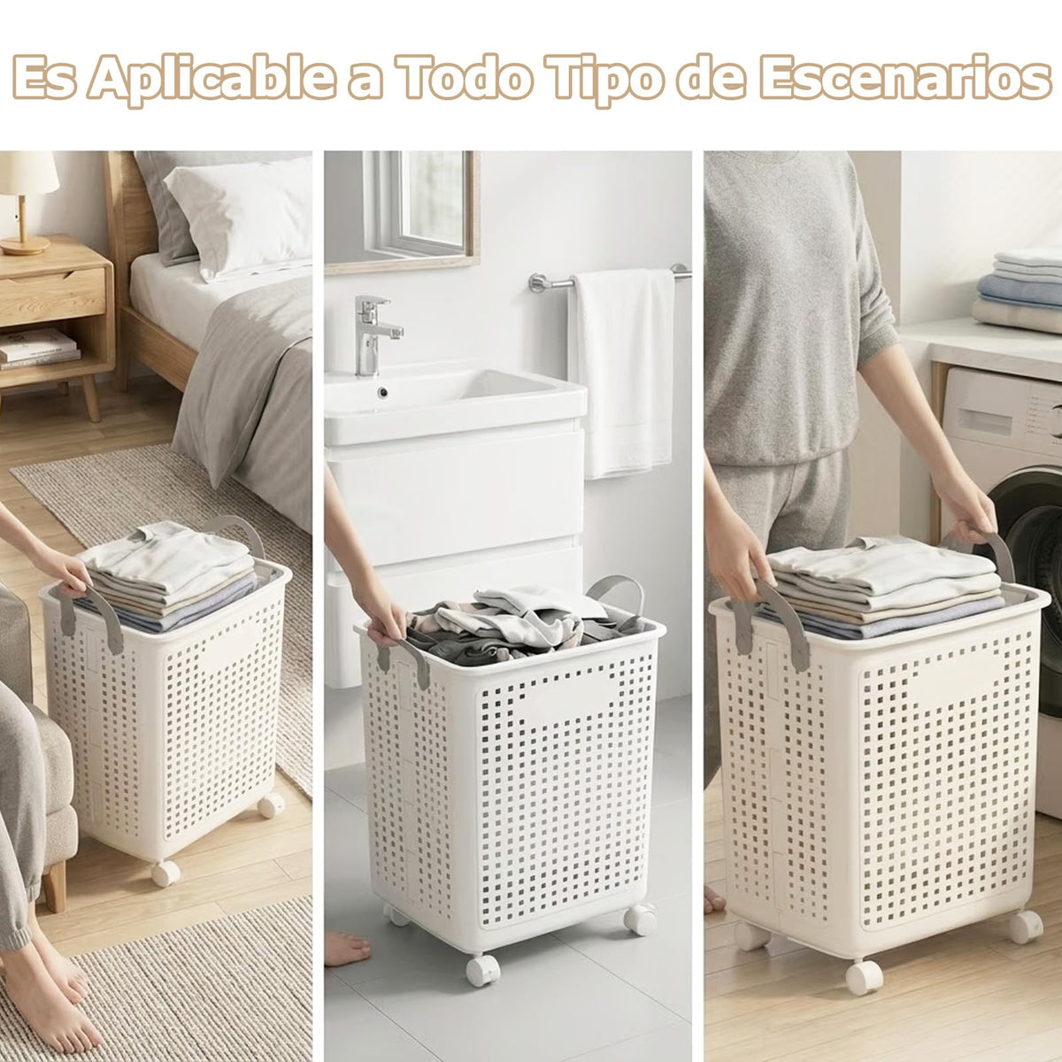 Cesto de Ropa Sucia con Ruedas, Carrito Organizador de Plástico Resistente, Canasto para Lavandería con Ventilación y Gran Capacidad