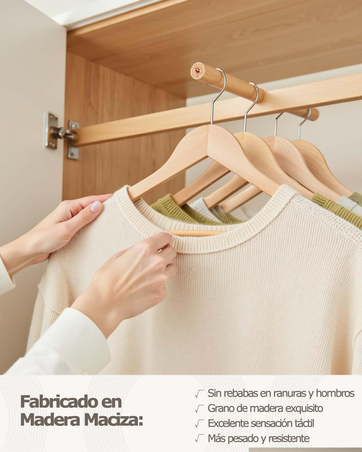 Pack 20 Perchas Blancas Madera, Muescas Antideslizantes y Gancho Giratorio