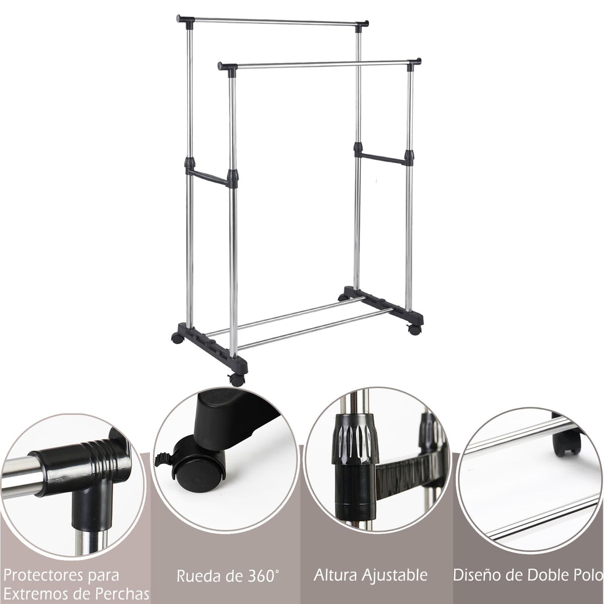 DECODEKO Perchero Burro Ropa con Ruedas, Material Acero Inoxidable, con Soporte para Zapatos, Fácil de Montar, Capacidad de carga máxima de 15 kg