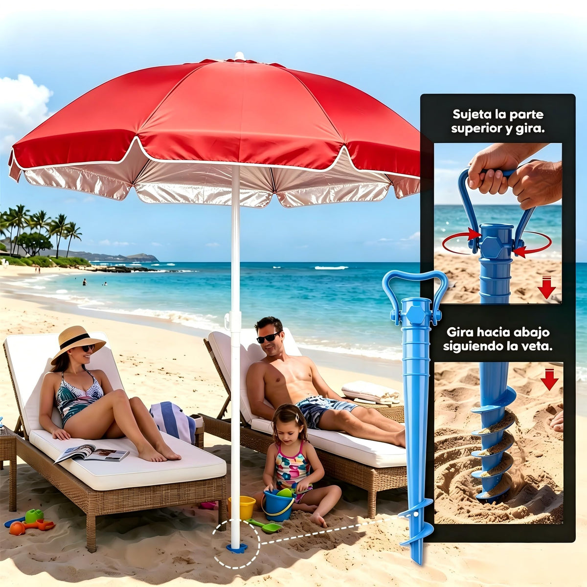 Sombrilla Playa, Protección UV+50, Sombrilla Antiviento, Soporte Metálico
